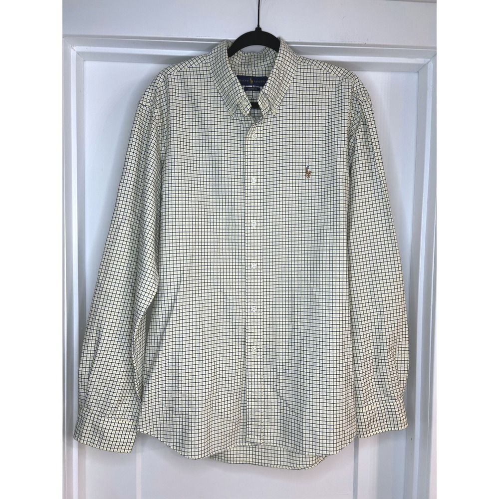 Ralph Lauren Mens XL Custom Fit Button Down Shirt Yellow Navy Tattersall Check